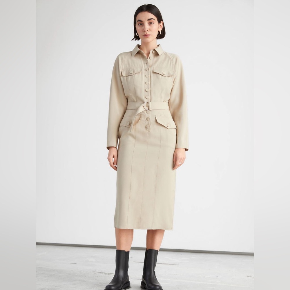 & Other Stories- NWT- Tailored Belted Button Midi Dress- Tan- SZ 8